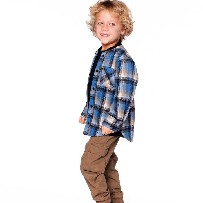 Blue & Black Brushed Plaid Button Down Top with Rib Collar