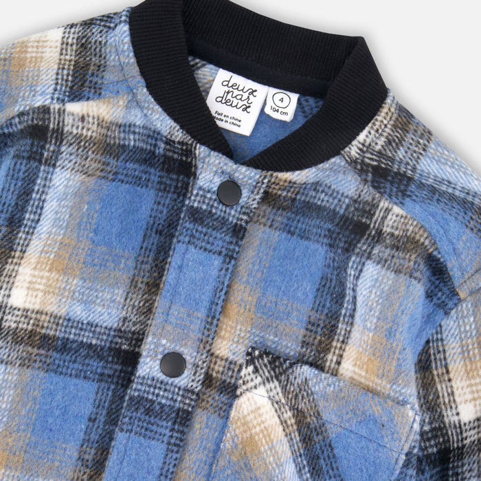 Blue & Black Brushed Plaid Button Down Top with Rib Collar