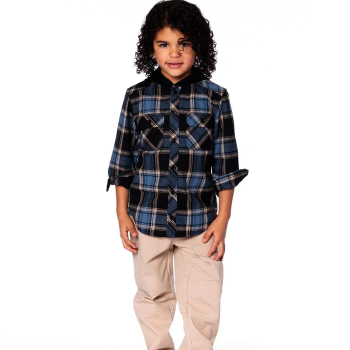 Blue & Black Long Sleeve Hooded Flannel Top