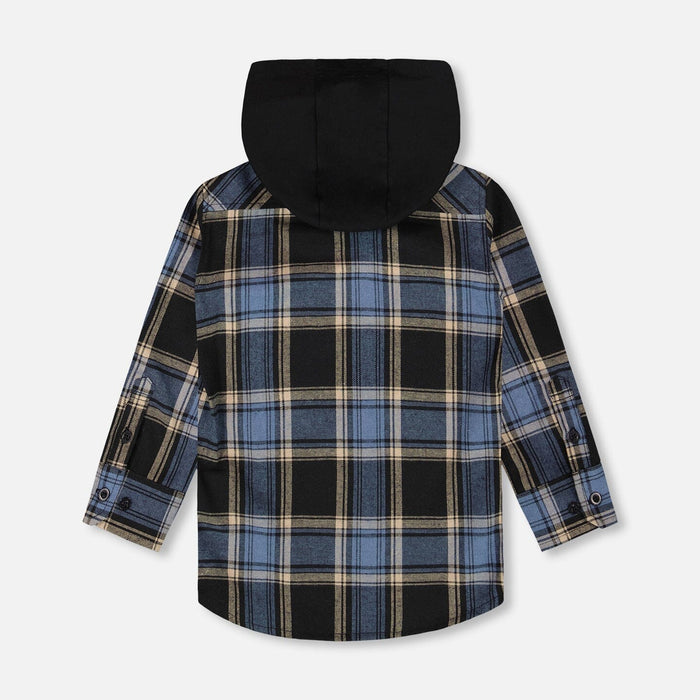 Blue & Black Long Sleeve Hooded Flannel Top