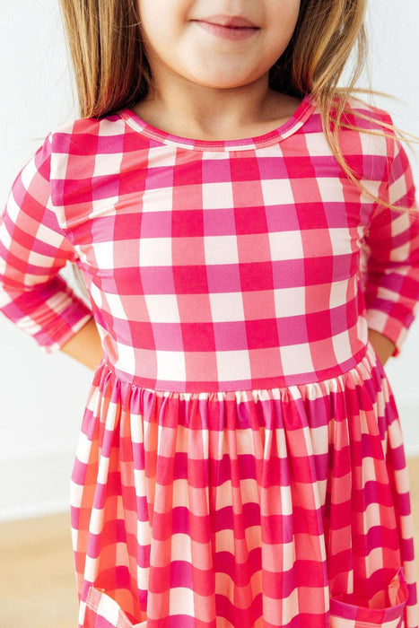 Hot Pink Gingham 3/4 Sleeve Pocket Twirl Dress