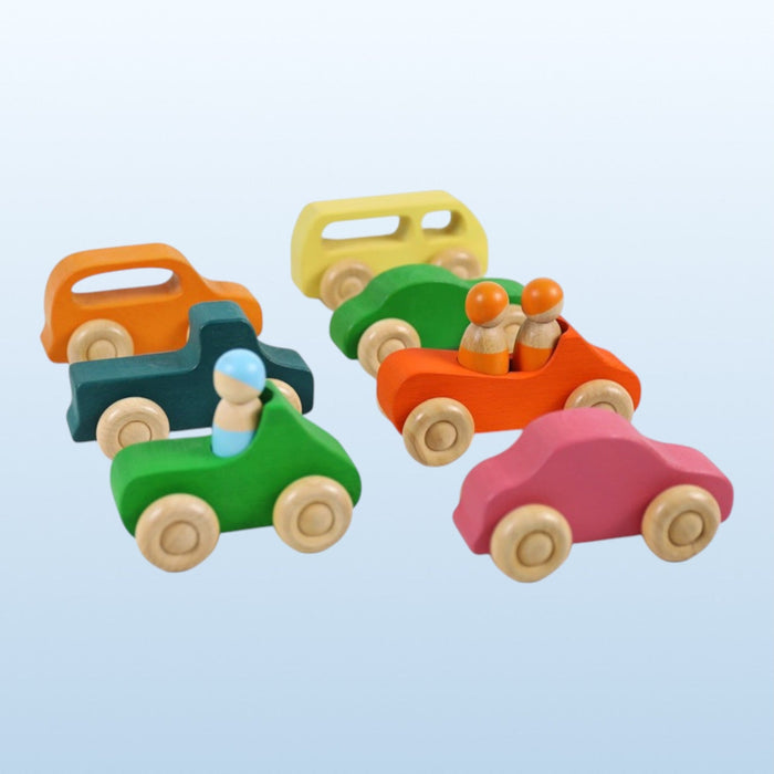 7 Pcs Colored Wooden Rainbow Cars Set with 3 Peg Dolls