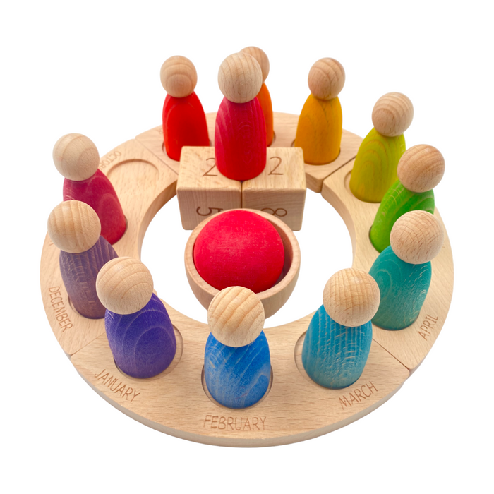 Wooden Perpetual Calendar with 12 Rainbow Peg Figures