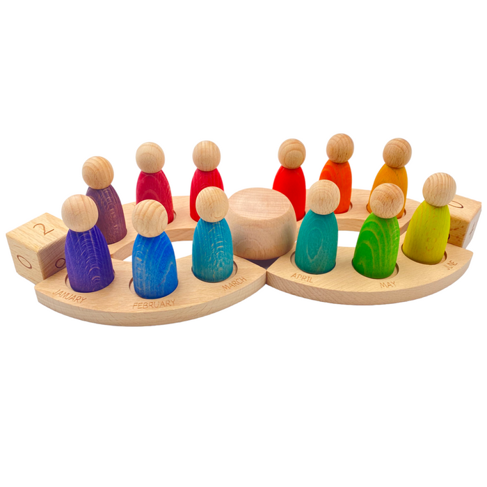 Wooden Perpetual Calendar with 12 Rainbow Peg Figures