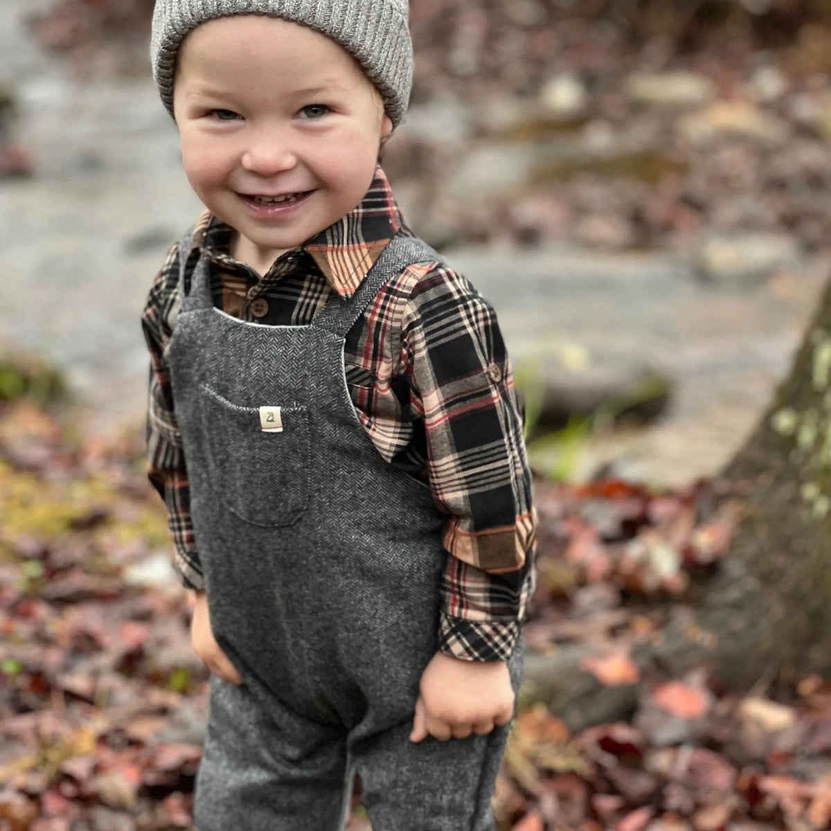 Charcoal Woven Tweed Gleason Overalls — Nature Baby Outfitter