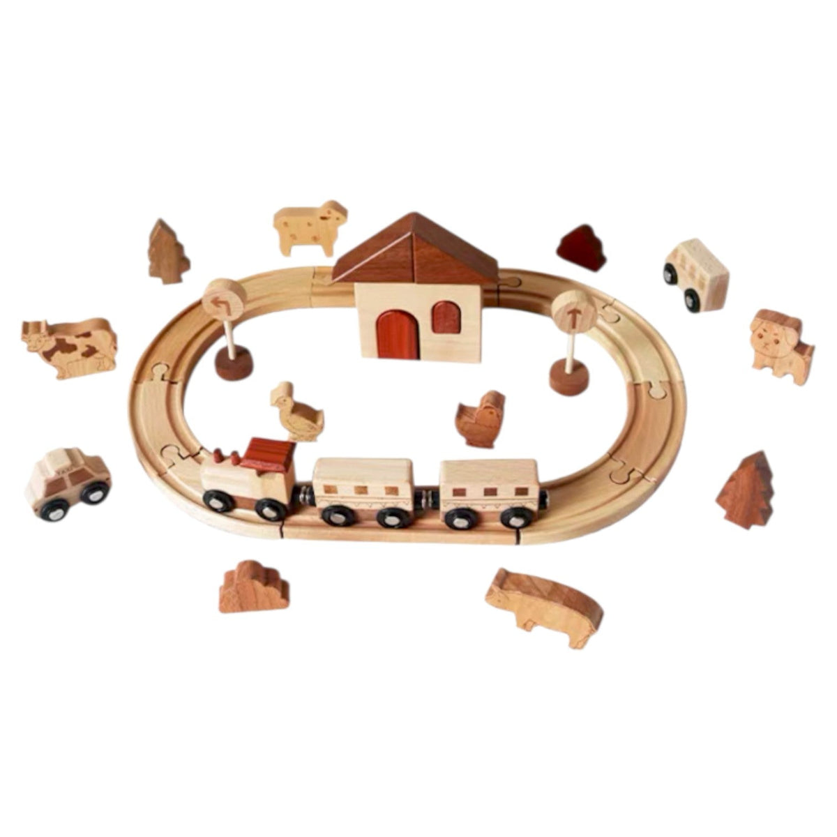Wooden Farm Train Track Play Set – 32-Piece Natural Solid Wood Toy ...