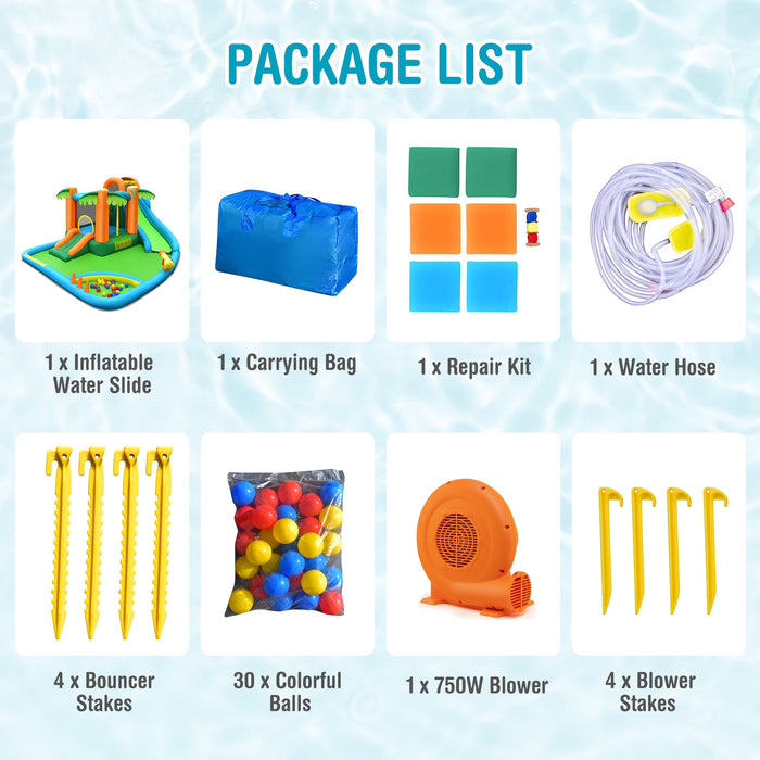 7-in-1 Inflatable Water Slide Park with Trampoline Climbing and 680W Blower