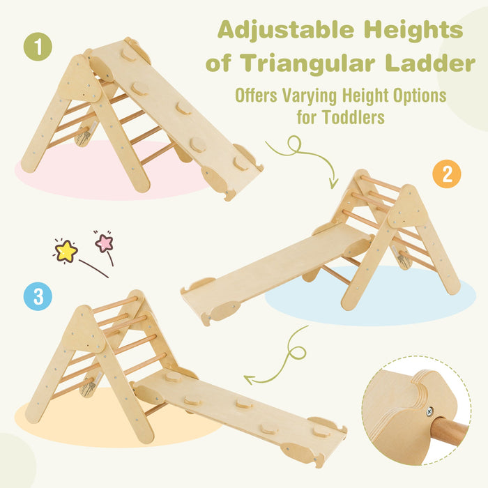 5-in-1 Wooden Kids Climber Toys with Triangle Arch Ramp-Natural
