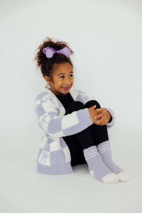 Lavender Checker Bow Cozy Cardigan