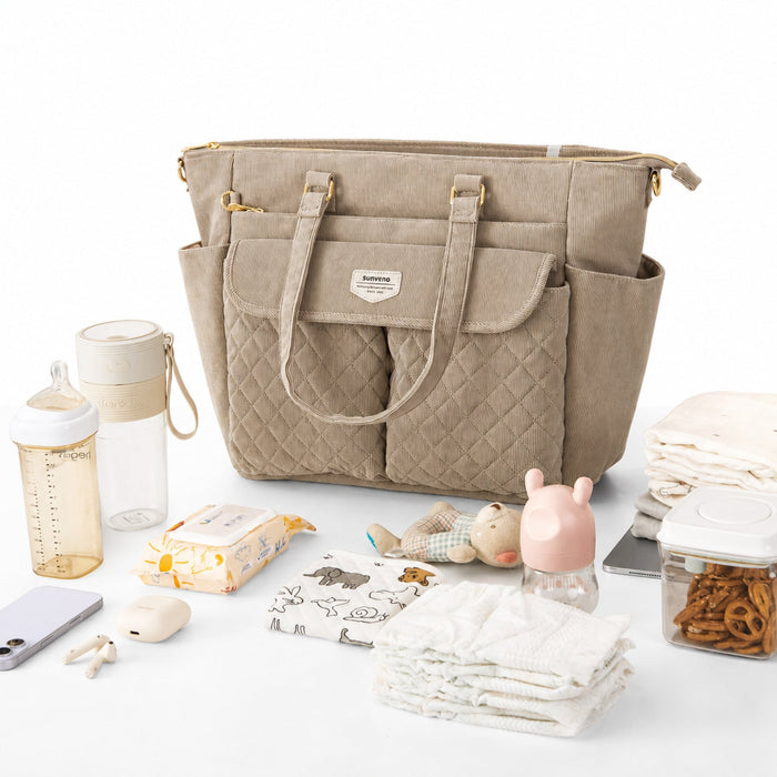 SUNVENO Corduroy Quilted Diaper Bag Tote