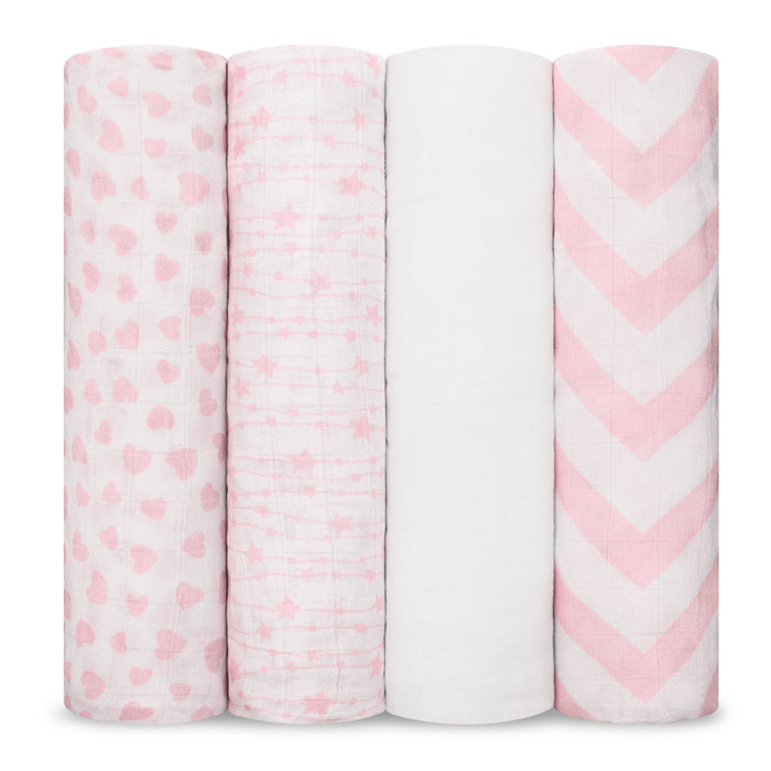 Muslin Swaddle Blankets 47” x 47” in Pink, 4 Pack