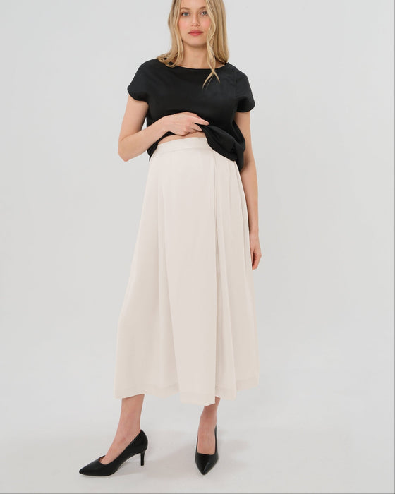 Over-Under Bump Pleated Maternity Maxi Skirt in Cream Satin - Nature Baby Outfitter