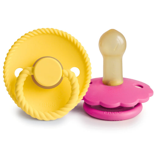 FRIGG Rope/Daisy Natural Rubber Pacifier (Sunflower/Fuchsia) 2-Pack (6-18 Months) - Nature Baby Outfitter