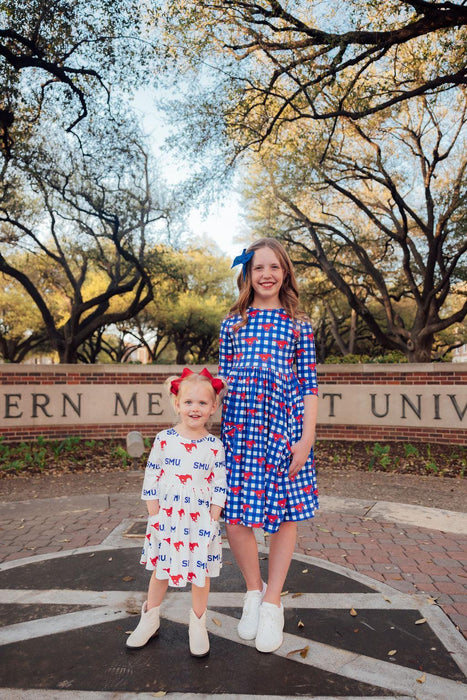 SMU White Mustang 3/4 Sleeve Pocket Twirl Dress