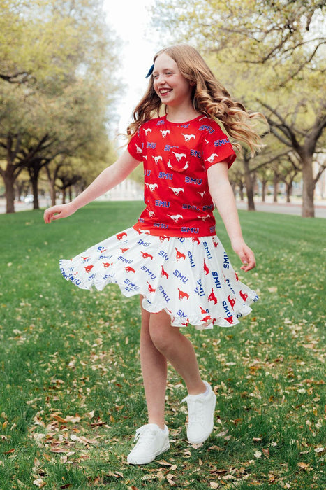 SMU White Mustang Ruffle Twirl Skort