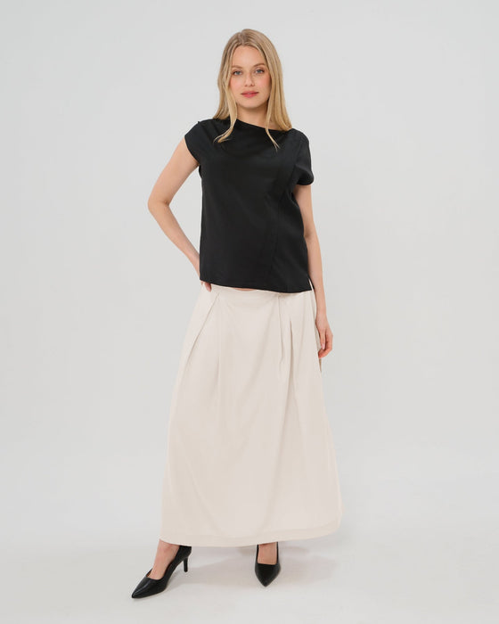 Over-Under Bump Pleated Maternity Maxi Skirt in Cream Satin - Nature Baby Outfitter