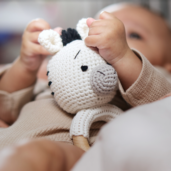 Handmade Organic Cotton Rattle Ring Teether · Zebra Design · Black and Grey with White Body Color