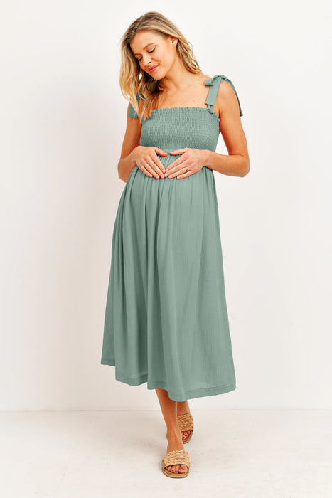 Smocked Tie Strap Maternity Midi Dress - Sage Green