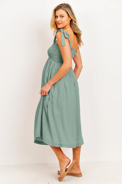 Smocked Tie Strap Maternity Midi Dress - Sage Green