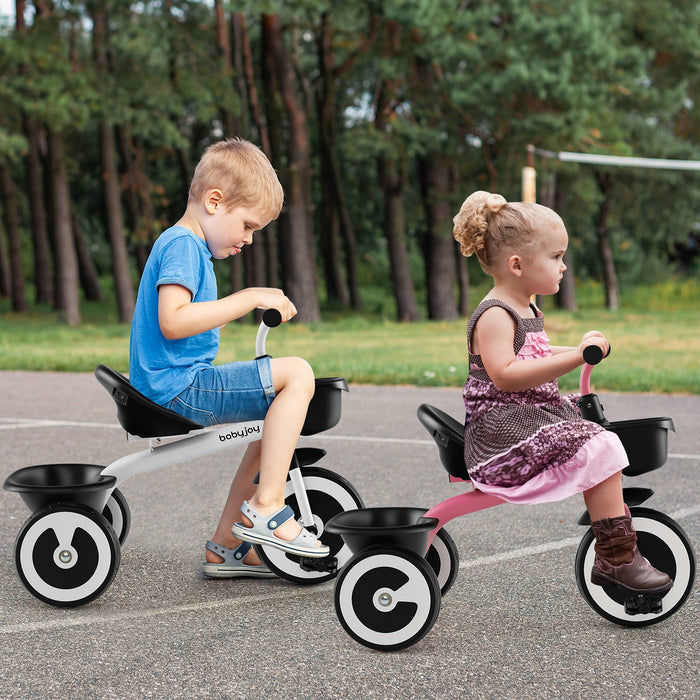 Toddler Tricycle with Adjustable Seat and Storage Baskets for 1.5-5 Years Old-White