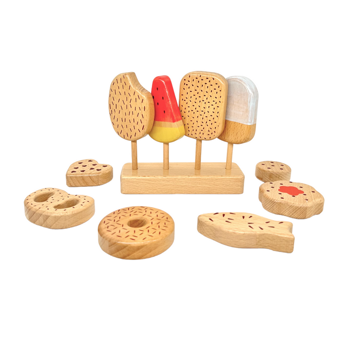 10-Piece Wooden Popsicle & Pastry Pretend Play Set | Ice Cream & Cookies Shop