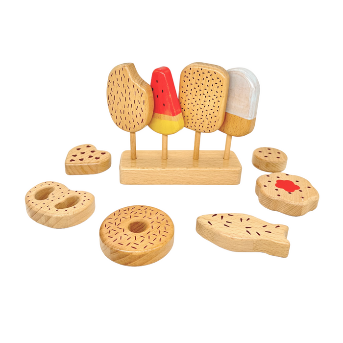 10-Piece Wooden Popsicle & Pastry Pretend Play Set | Ice Cream & Cookies Shop