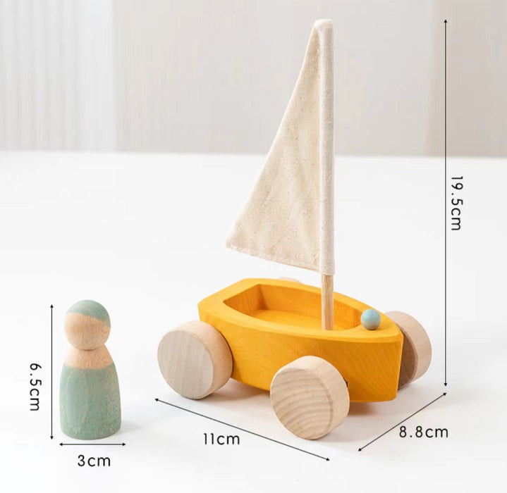 4 Pcs STAINED Wooden Land Yachts Set with 4 Peg Dolls