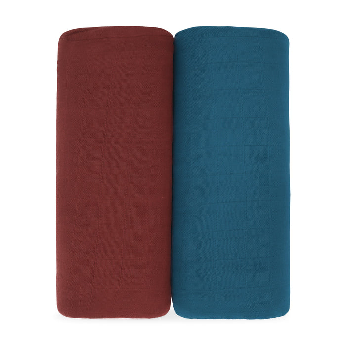 Muslin Swaddle Blanket, 47” x 47” in Wine & Neptune, 2 Pack