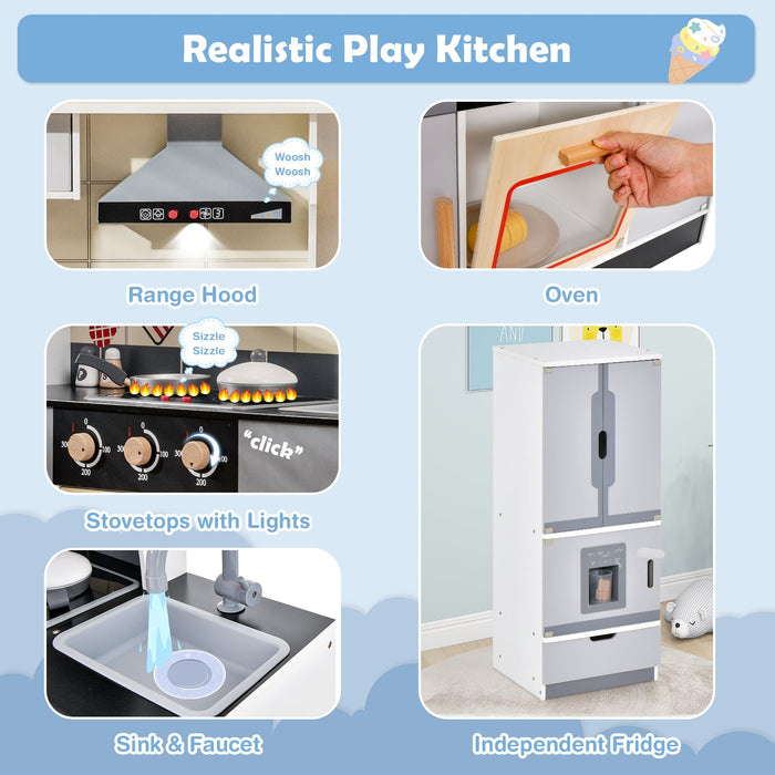 Wooden Chef Play Kitchen and Refrigerator with Realistic Range Hood and Roaster