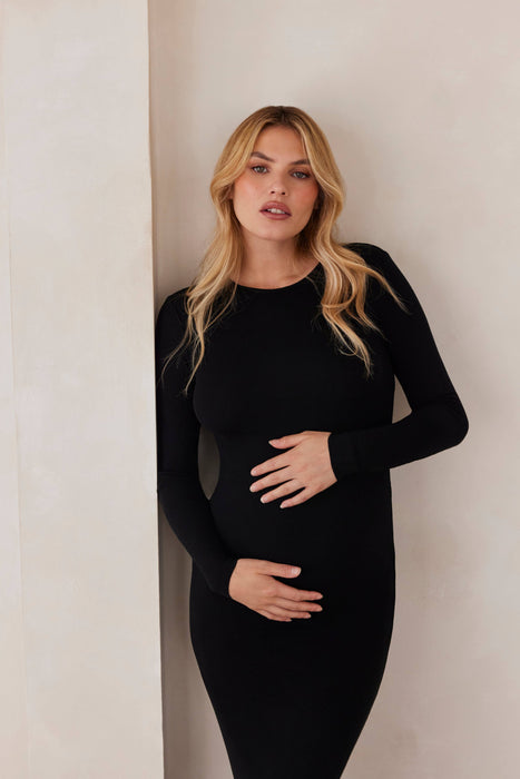 Black Soft Rib Maxi Long Sleeve Dress