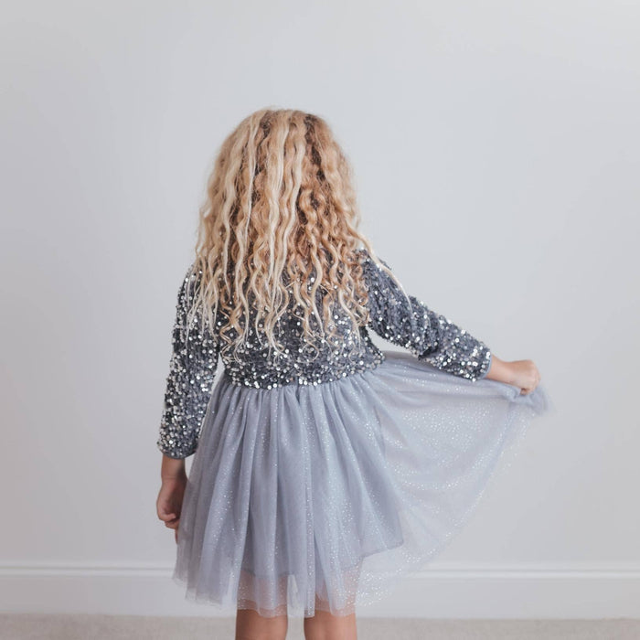 Kids Sequin Silver Fancy Sparkle Tulle Holiday Party Dress