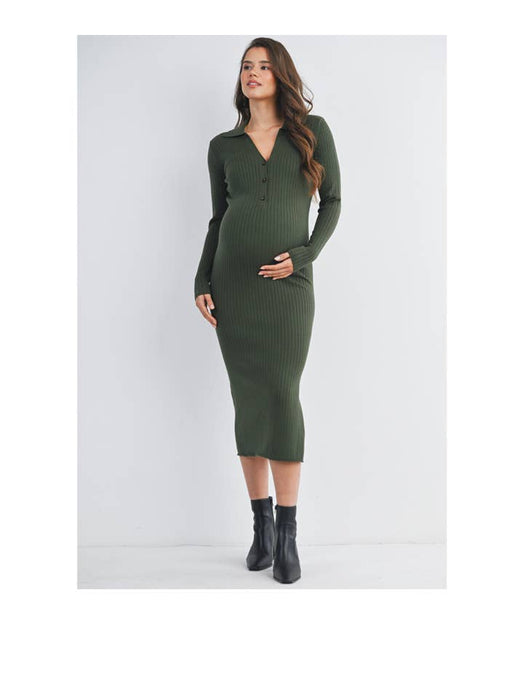 Olive Ribbed Long Sleeve Maternity Collared Midi Dress