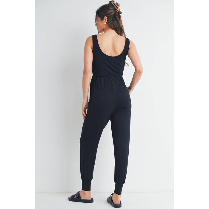 Black Scoop Neck Maternity Jogger Jumpsuit