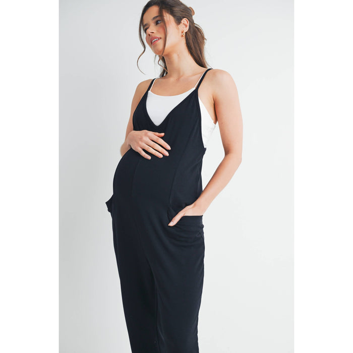 Black V Neck Maternity Jogger Jumpsuit