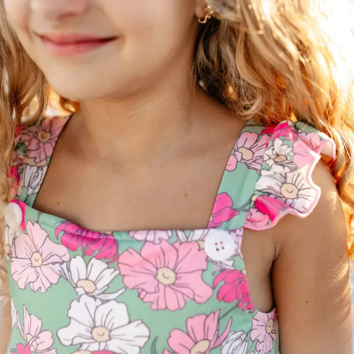 Mint & Pink Flower Button Ruffle Summer Pocket Jumpsuit