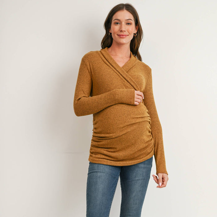 Mustard Maternity & Nursing Ribbed Faux Wrap Long Sleeve Top