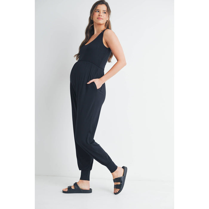 Black Scoop Neck Maternity Jogger Jumpsuit