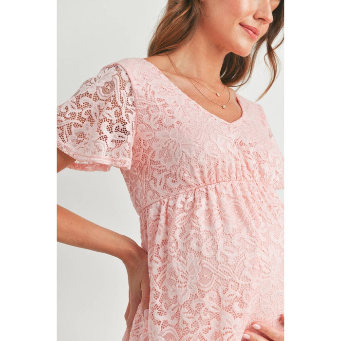 Pink V-Neck Lace Short Sleeve Maternity Dress