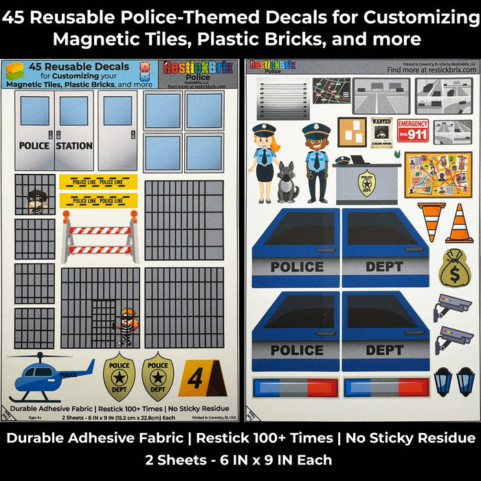 Police: Reusable Decals for Customizing Magnetic Tiles, Plastic Bricks, and more