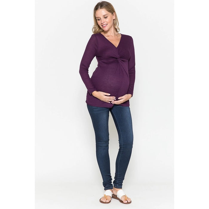 Dark Plum Knotted Long Sleeve Maternity Top