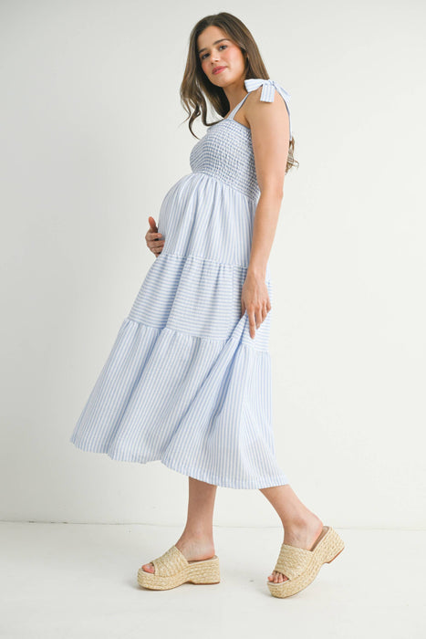 Chambray Striped Ruffle Tiered Maternity Midi Dress