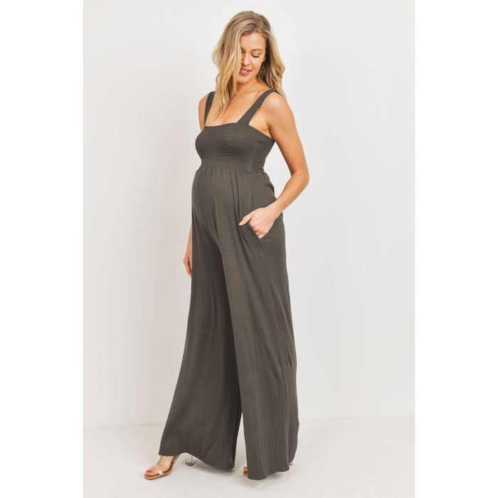 Army Green Sleeveless Smocked Maternity Wideleg Jumpsuit