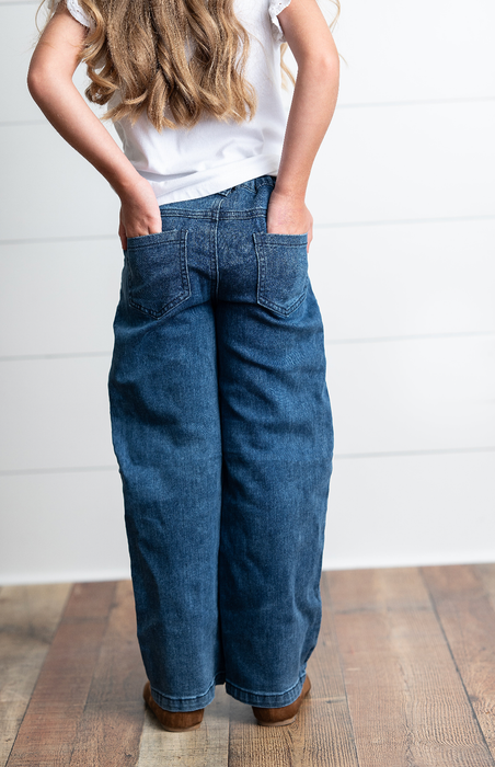 Kids Dark Wash Denim Horse Shoe Wide Leg Fall Winter Jeans