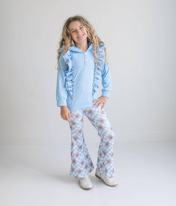 Girls Evie Blue Double Ruffle Hoodie & Retro Check Pant Set