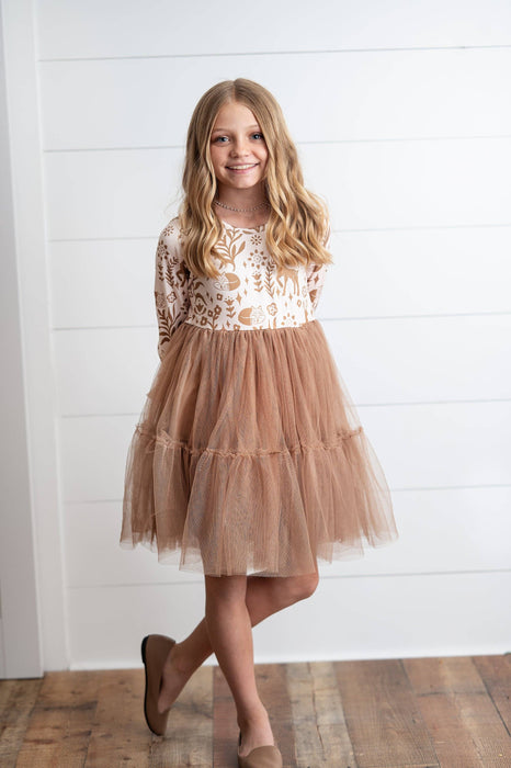 Kids Fall Winter Woodland Deer Tulle Ruffle Sleeve Dress
