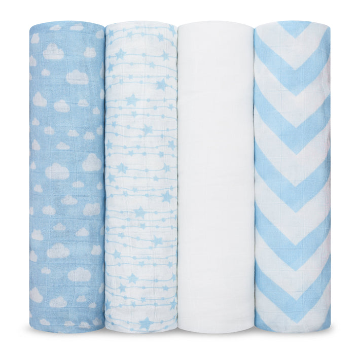 Muslin Swaddle Blankets 47” x 47” in Blue, 4 Pack