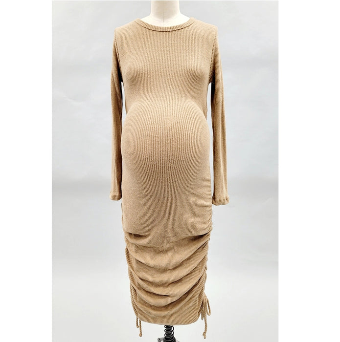 Khaki Drawstring Ruched Side Rib Knit Sweater Dress