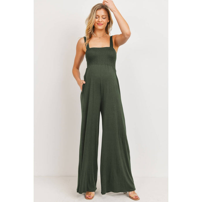 Army Green Sleeveless Smocked Maternity Wideleg Jumpsuit