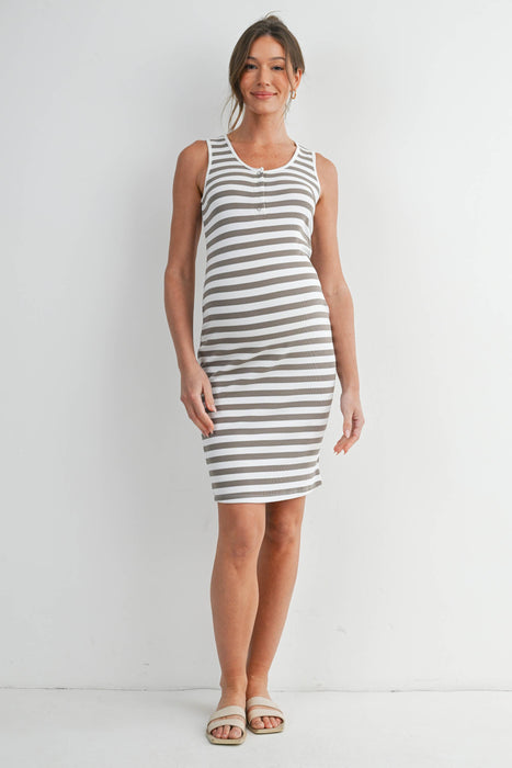 Ribbed Striped Maternity Bodycon Dress with Henley Neckline