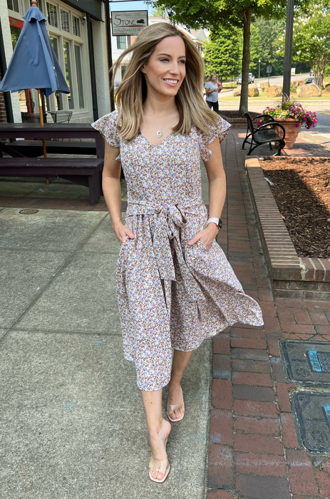 Belted Midi with Pockets- Beige Floral